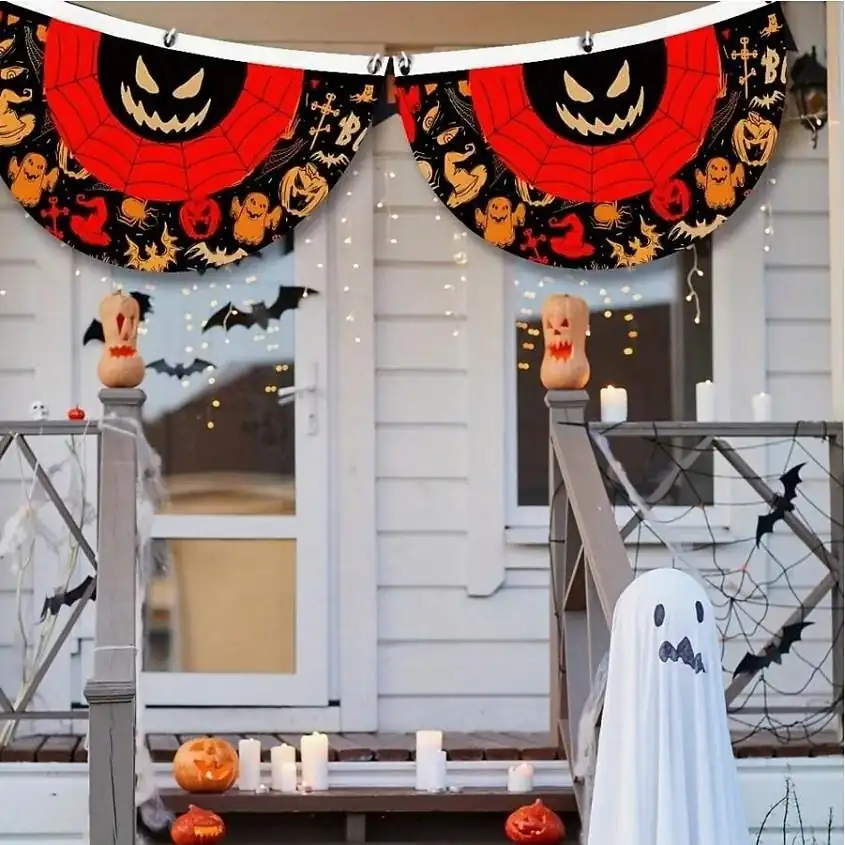 Halloween Decorations Flag Bunting Half Fan Flag Halloween Yard Hanging Bunting Flag Banner with Grommets for Porch Yard Outdoor Festival Patio Lawn G 1ce62edc6c4243171e905f094d6a66ba