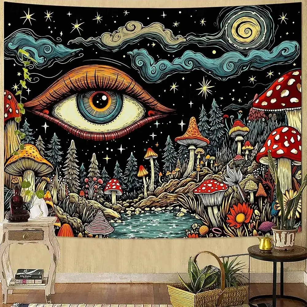 Psychedelic Mushroom Tapestry Trippy Eye Wall Hanging Starry Night Galaxy Forest Landscape Wall Art for Yoga Room Meditation Space Bedroom Decor