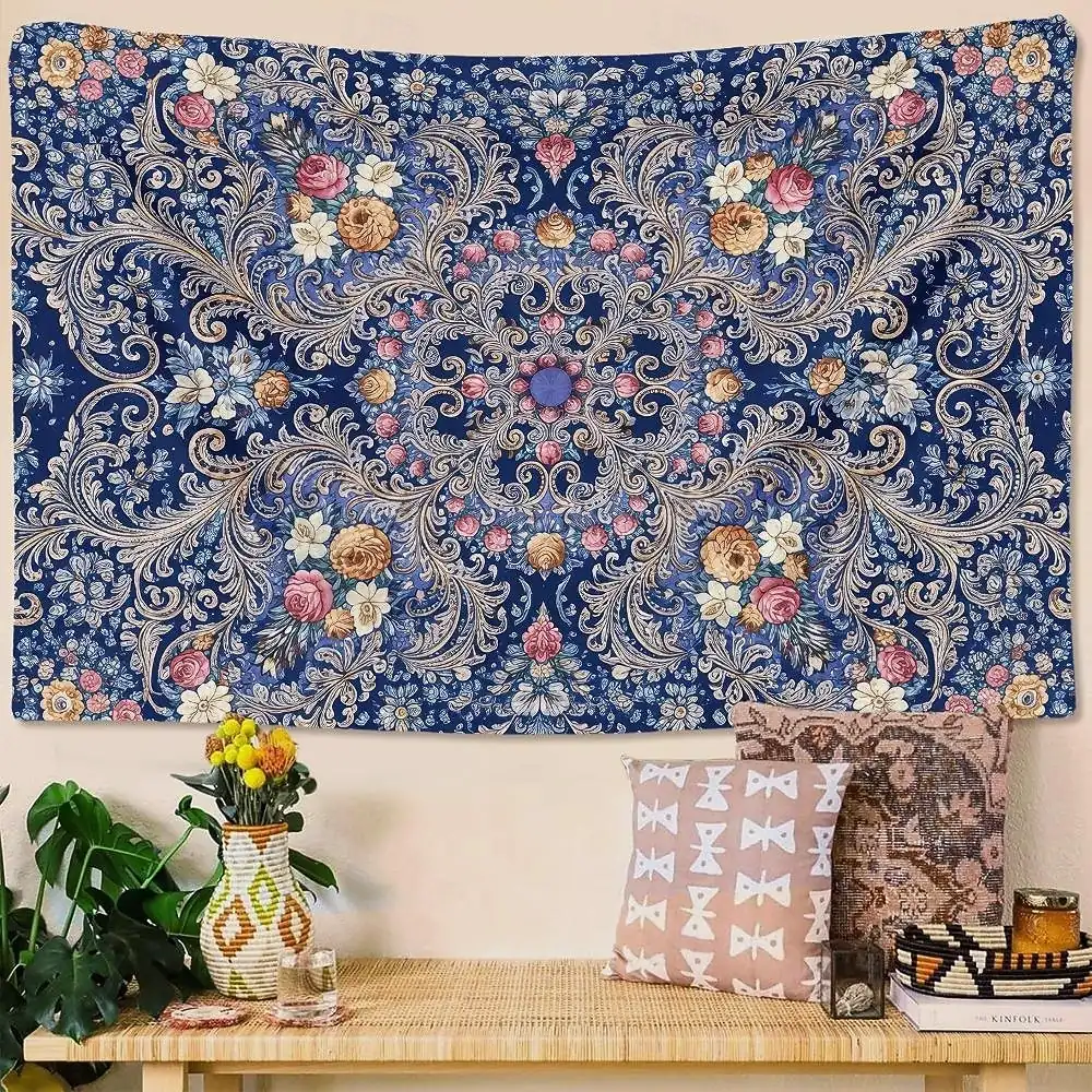 Vintage Baroque Floral Navy Blue Mandala Filigree Medallion Rose Wall Tapestry for Living Room Bedroom Dorm Aesthetic Home Wall Decor Hanging Traditio