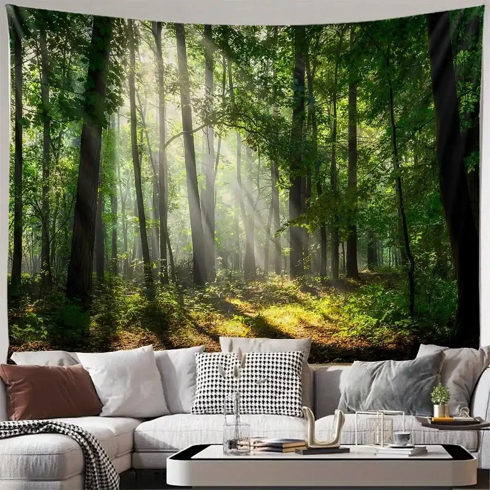 Nature Forest Sunlight Sunbeams Green Trees Misty Woodland Wall Tapestry for Living Room Bedroom Dorm Decor Realistic Landscape Wall Hanging Mural 202