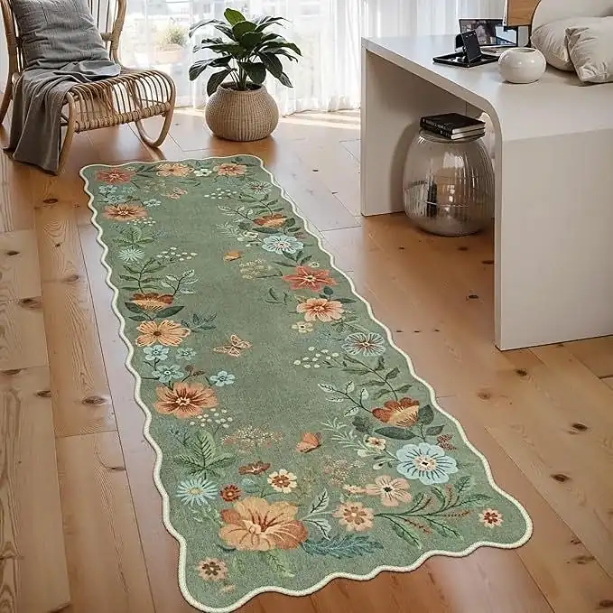 Runner Rug For Hallway Living Room Soft Non-Slip Machine Washable Long Floral Crystal Velvet Floor Carpet Dust Resistant Durable Easy Clean Vintage St