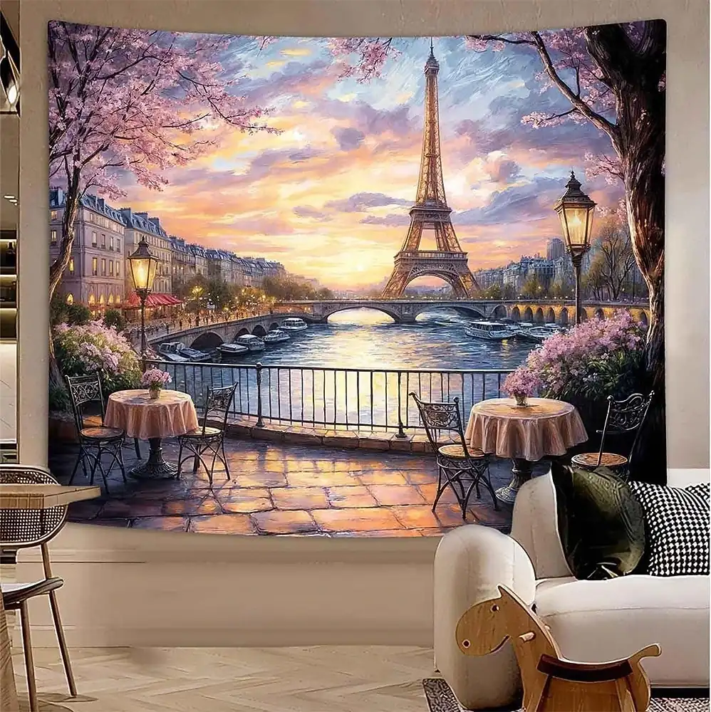 Paris Eiffel Tower Seine River Sunset Cherry Blossoms Romantic Cafe Impressionist Oil Painting Wall Tapestry Home Decor Living Room Bedroom Backdrop A