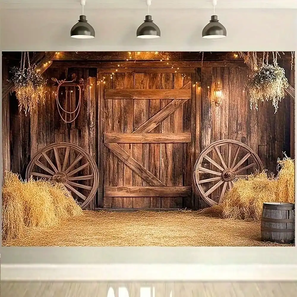 Rustic Farmhouse Barn Door Wagon Wheel Hay Bales String Lights Western Country Wood Vintage Wall Tapestry Wall Hanging Fabric Backdrop for Living Room