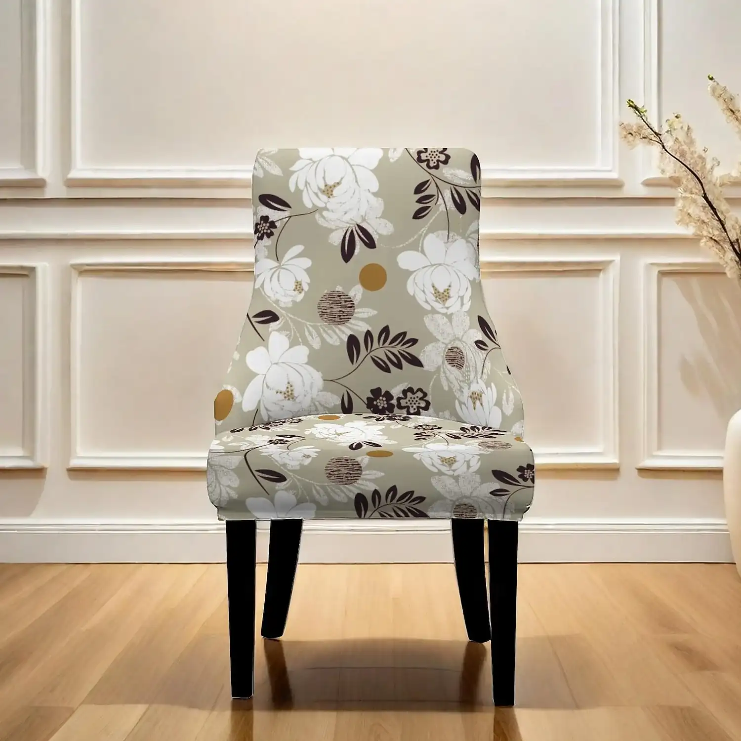 Wingback Chair Cover Striped Plants Geometric Printed Polyester Stretch Slipcover One Piece Backrest Armrest Chair Cover for Dining Chair Vanity Chair