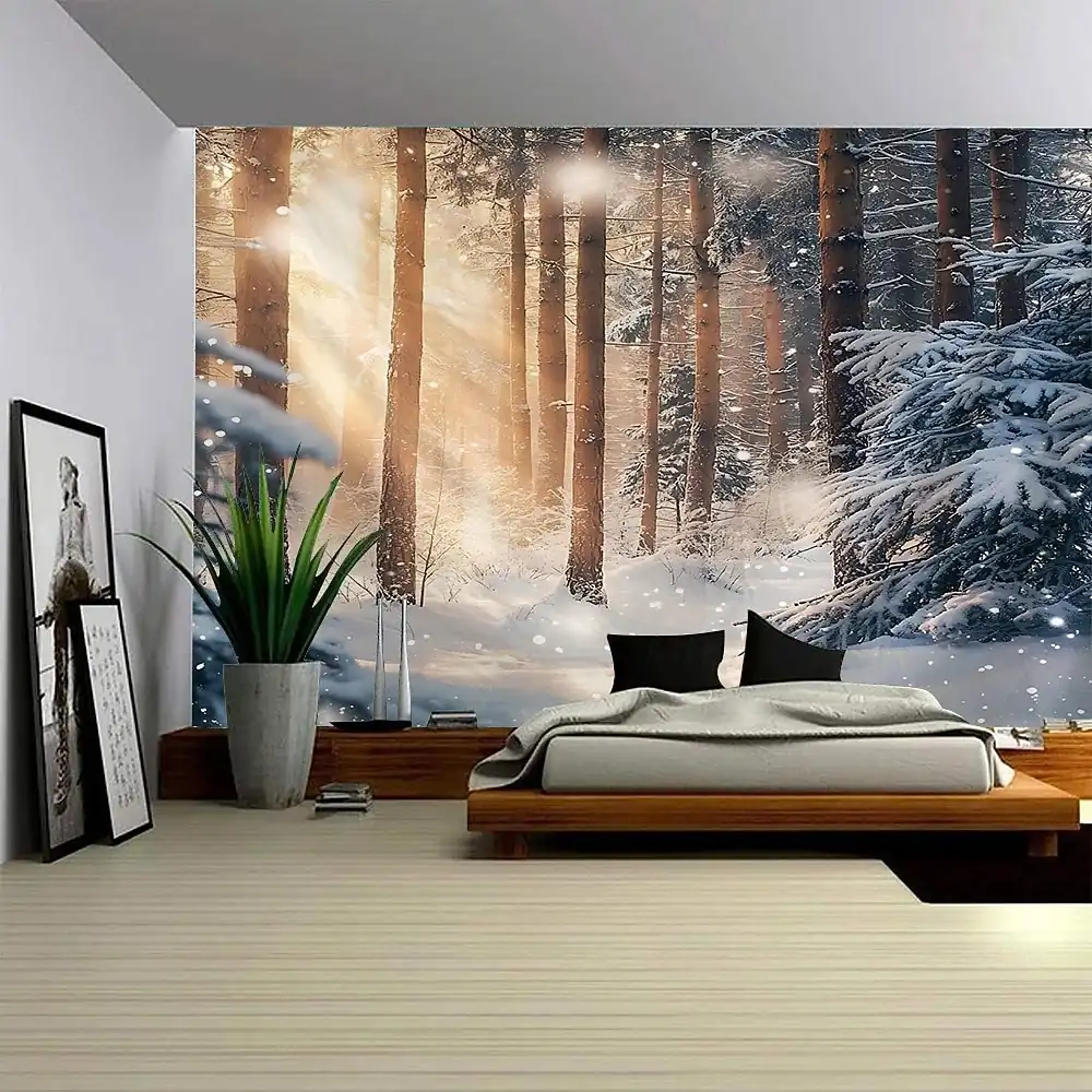Winter Forest Sunshine Snow Scenery Tapestry, Large Wall Hanging Mural Decoration, Photography Background Fabric, Home Furnishing for Bedroom, Living