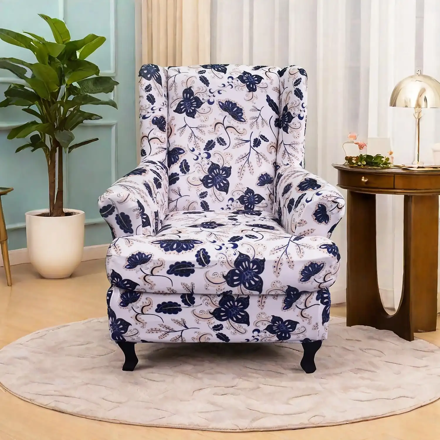 Wingback Chair Cover Floral Striped Geometric Printed Polyester Slipcover Full Cover Modern Foldable Fashion Chair Protector Seat Cover Armchair Cover