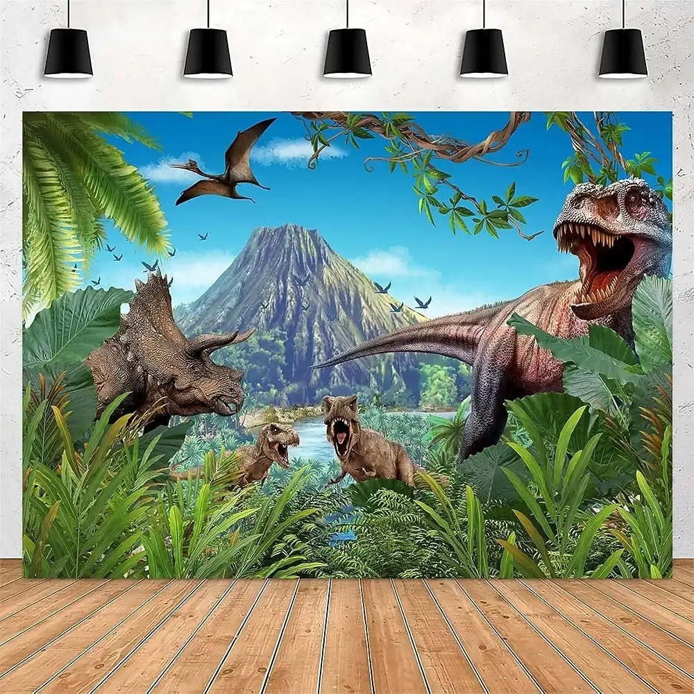 Dinosaur World Jurassic T-Rex Triceratops Volcano Tropical Jungle Wall Tapestry Kids Bedroom Decor Boys Playroom Wall Hanging Birthday Party Backdrop