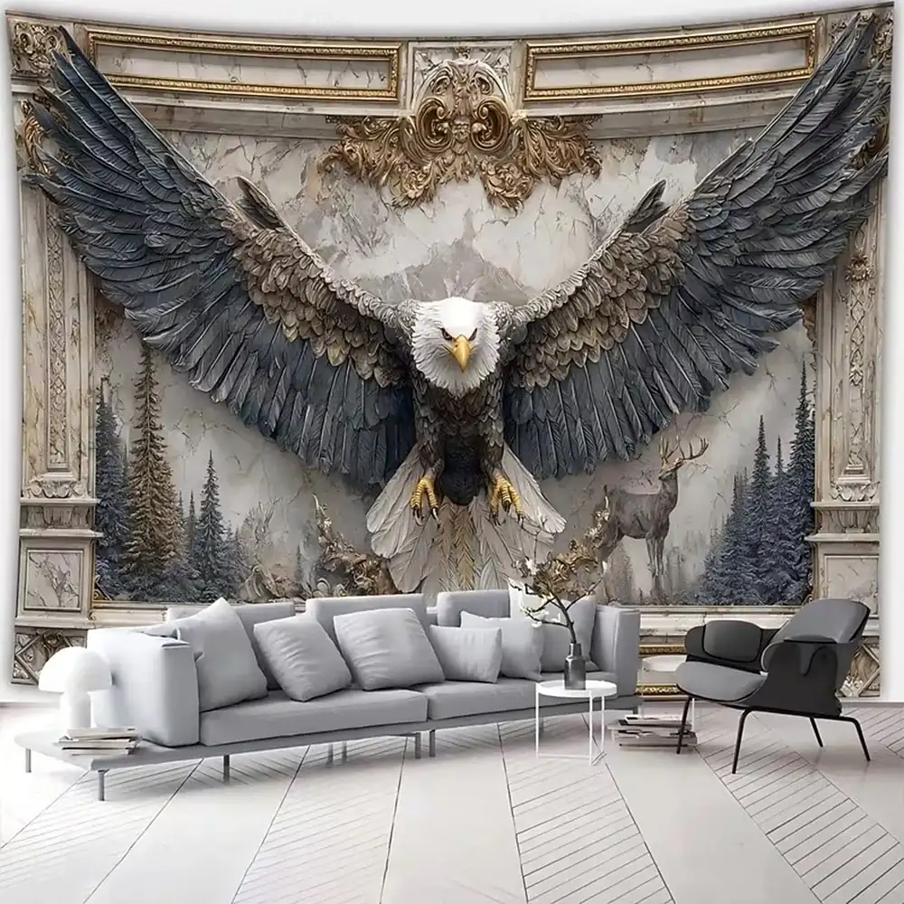 3D Eagle Wall Tapestry, Flying Bald Eagle Wings Forest Landscape Wall Hanging for Living Room Bedroom Wildlife Decor