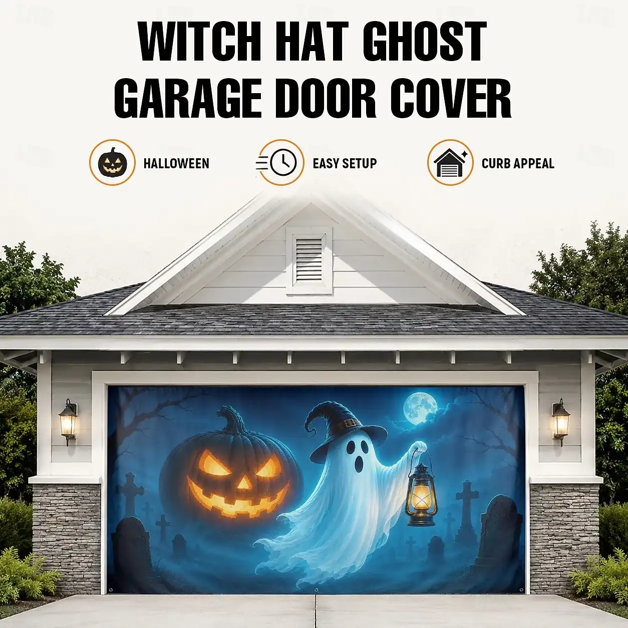Halloween Garage Door Cover Large Outdoor Halloween Backdrop Decorations Ghost Witch Hat Lantern Jack O Lantern Pumpkin Graveyard Full Moon Banner Yar