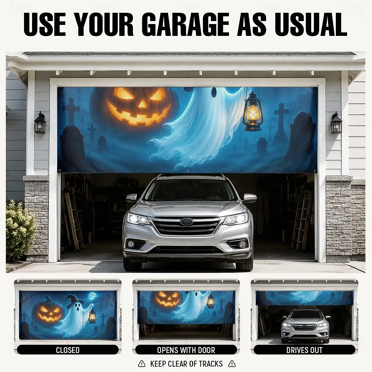 Halloween Garage Door Cover Large Outdoor Halloween Backdrop Decorations Ghost Witch Hat Lantern Jack O Lantern Pumpkin Graveyard Full Moon Banner Yar 7d497a173020edd5994cea7287ddd804