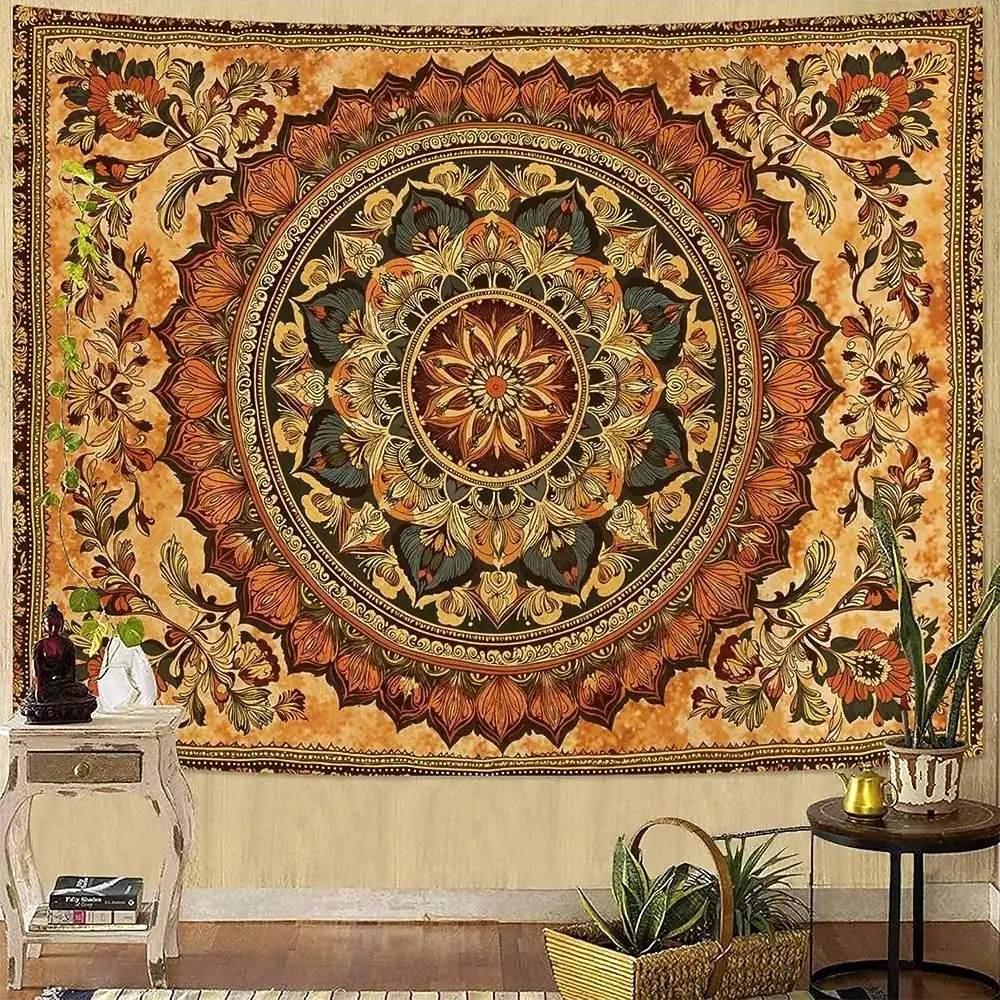Bohemian Orange Mandala Wall Tapestry Intricate Floral Medallion Wall Hanging Boho Ethnic Tribal Art Home Decor Living Room Bedroom Backdrop