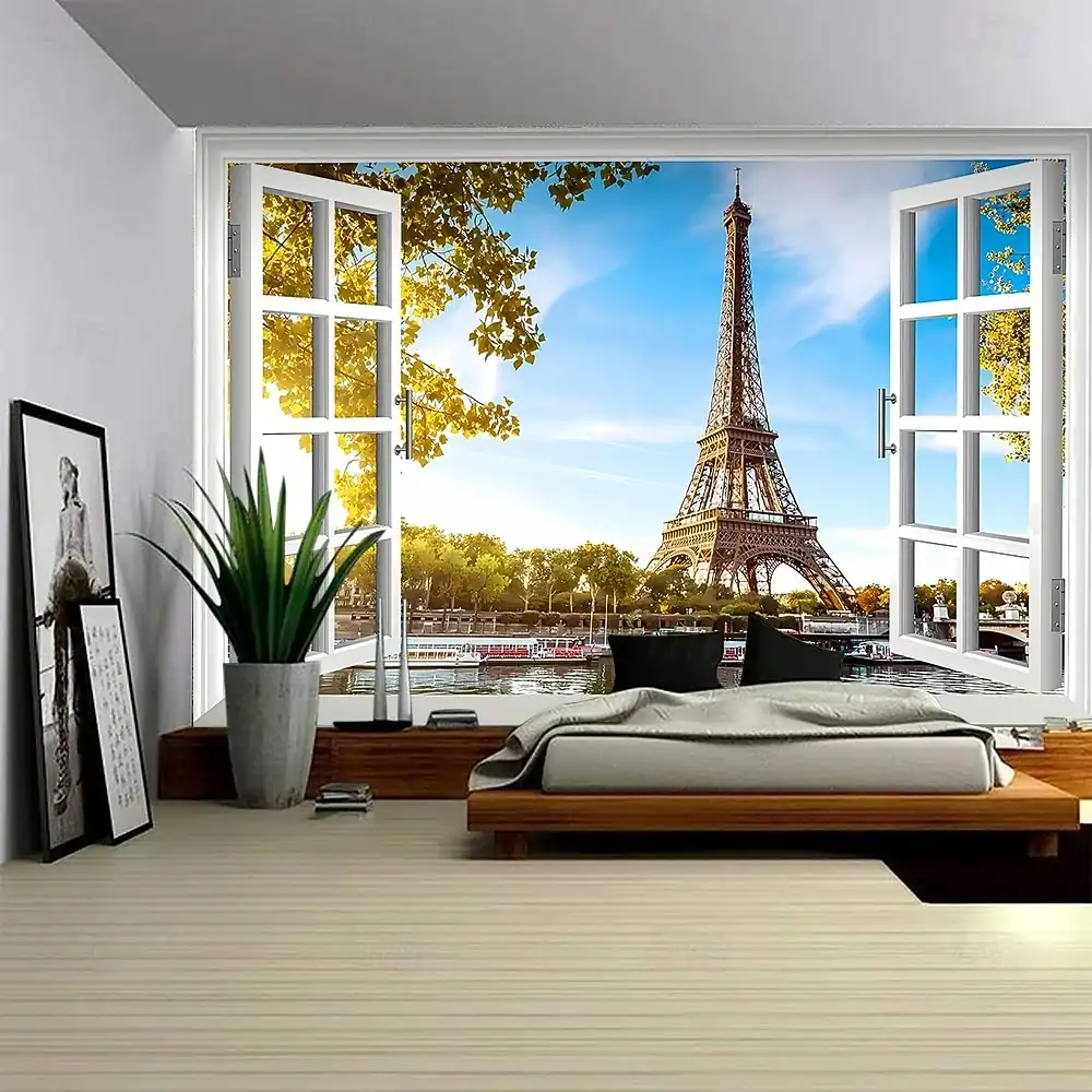 3D City Night Skyline Window View Wall Tapestry New York Skyscrapers Moon and Stars Wall Hanging Modern Urban Landscape Art Bedroom Living Room Decor