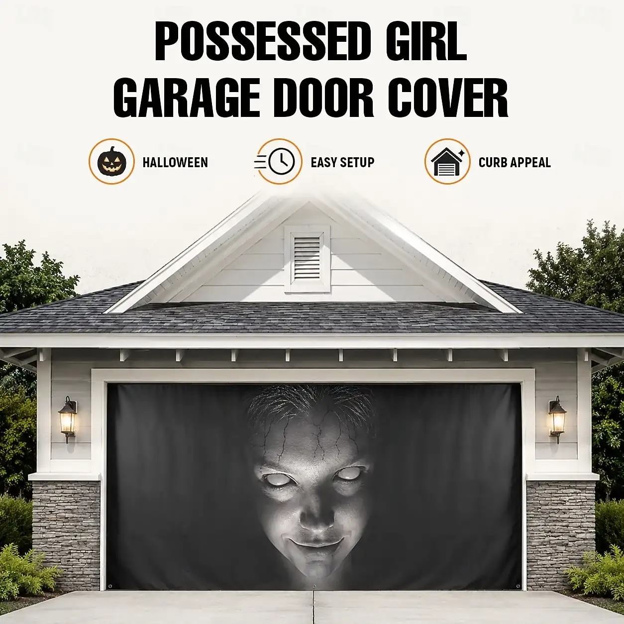 Halloween Garage Door Cover Creepy Ghost Face Horror Garage Door Banner Outdoor Haunted House Yard Porch Party Decoration