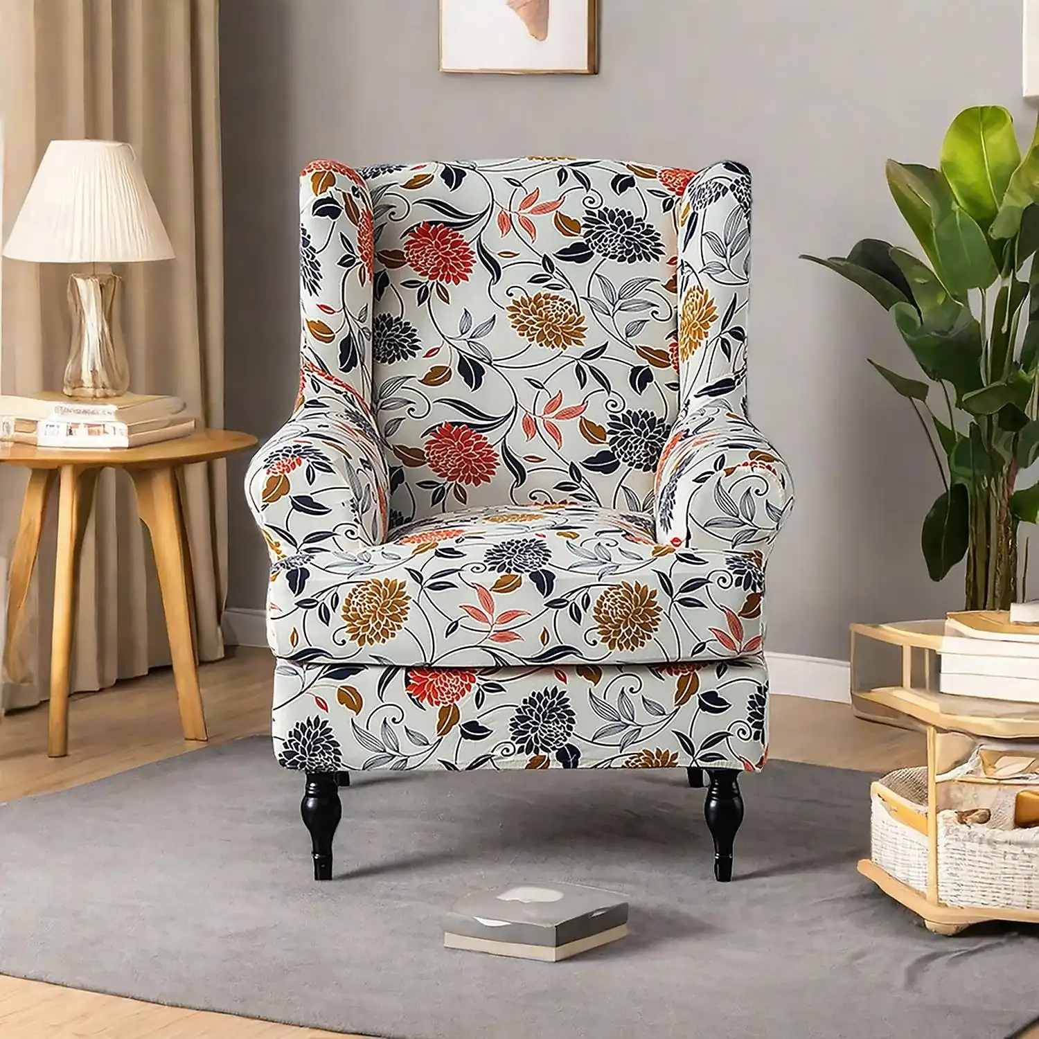 Wingback Chair Cover Floral Striped Geometric Printed Polyester Slipcover Stretch Chair Protector Cover for Living Room Dining Room Home Office -