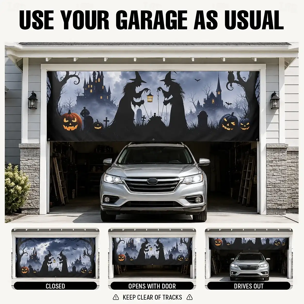 Halloween Garage Door Cover Banner Witch silhouette Horror Eerie Spirit Outdoor Scary Haunted House Yard Porch Decoration Front Yard Display 16×7 FT 2 675f8b9790b17950e7f5a0d794ec0cf6
