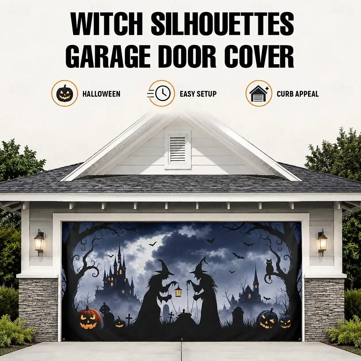 Halloween Garage Door Cover Banner Witch silhouette Horror Eerie Spirit Outdoor Scary Haunted House Yard Porch Decoration Front Yard Display 16×7 FT 2 c284ef071b34f9fcb9479aa9c5a39cfc