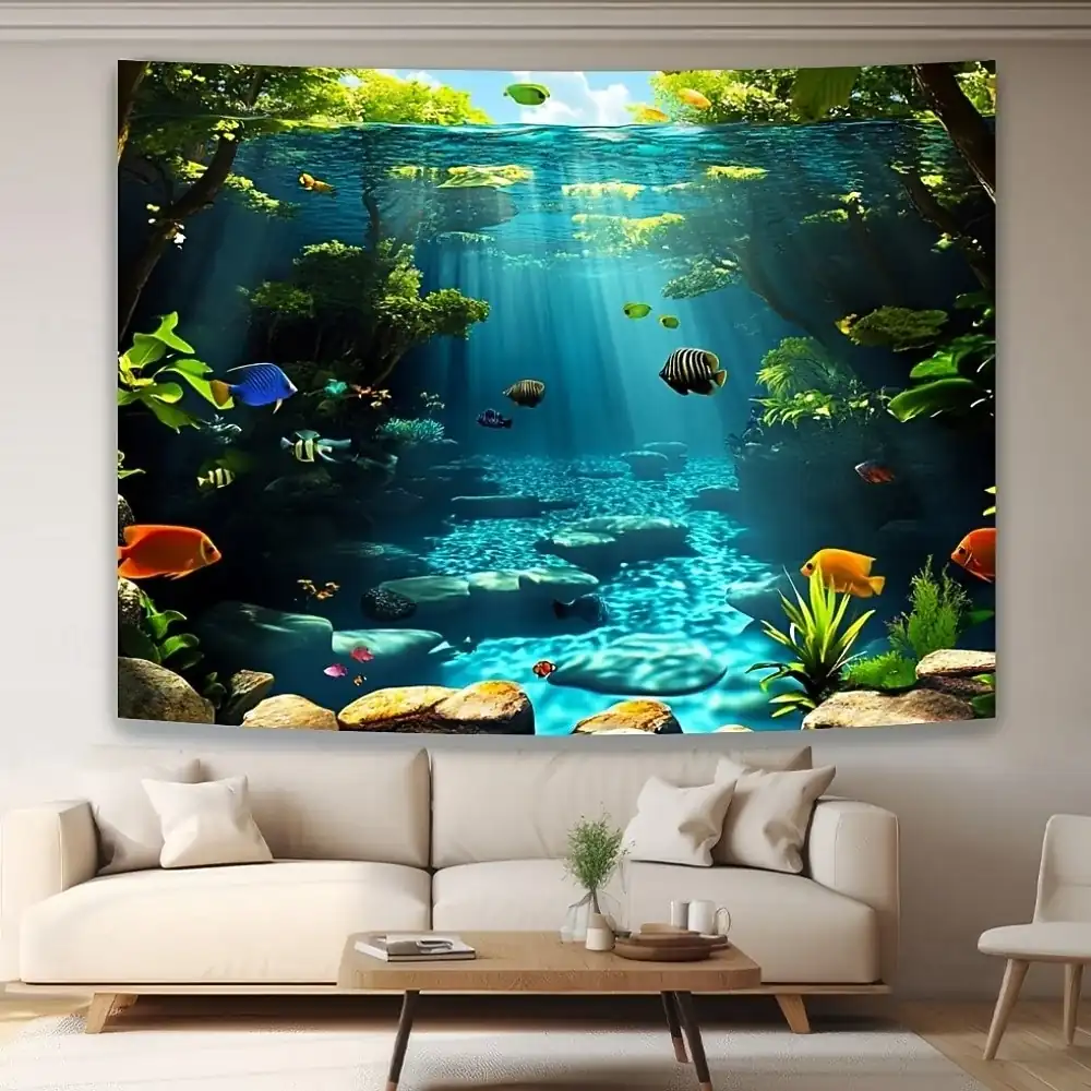 Underwater Ocean World Colorful Tropical Fish Coral Reef Sunlight Rays Blue Water Nature Wall Tapestry Wall Hanging Backdrop for Bedroom Living Room K
