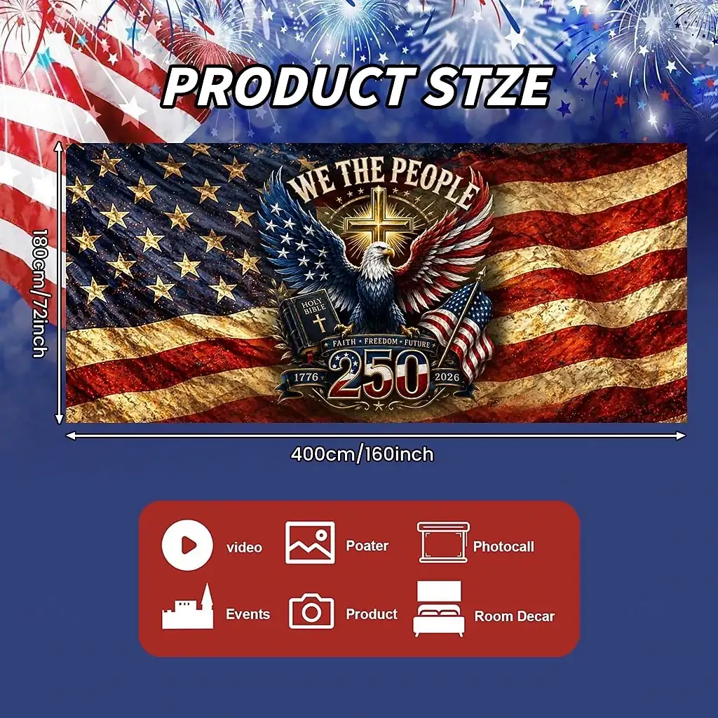 U.S. 250th Anniversary Garage Door Cover WIth String Lights Decoration, 4th of July Eagle Photograph Backdrop America 1776-USA Banner for Indepen