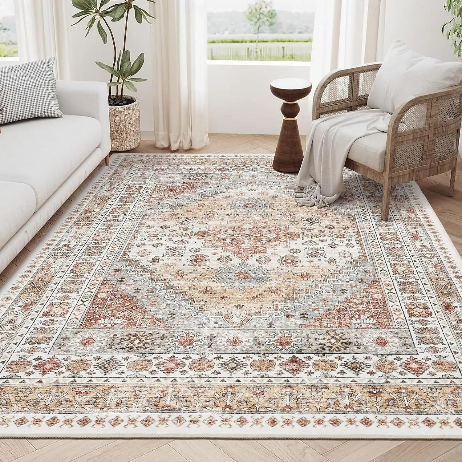 Persian Ethnic Style Area Rug Vintage Bohemian Bedroom Bedside Mat Durable Non-Slip Carpet for Living Room