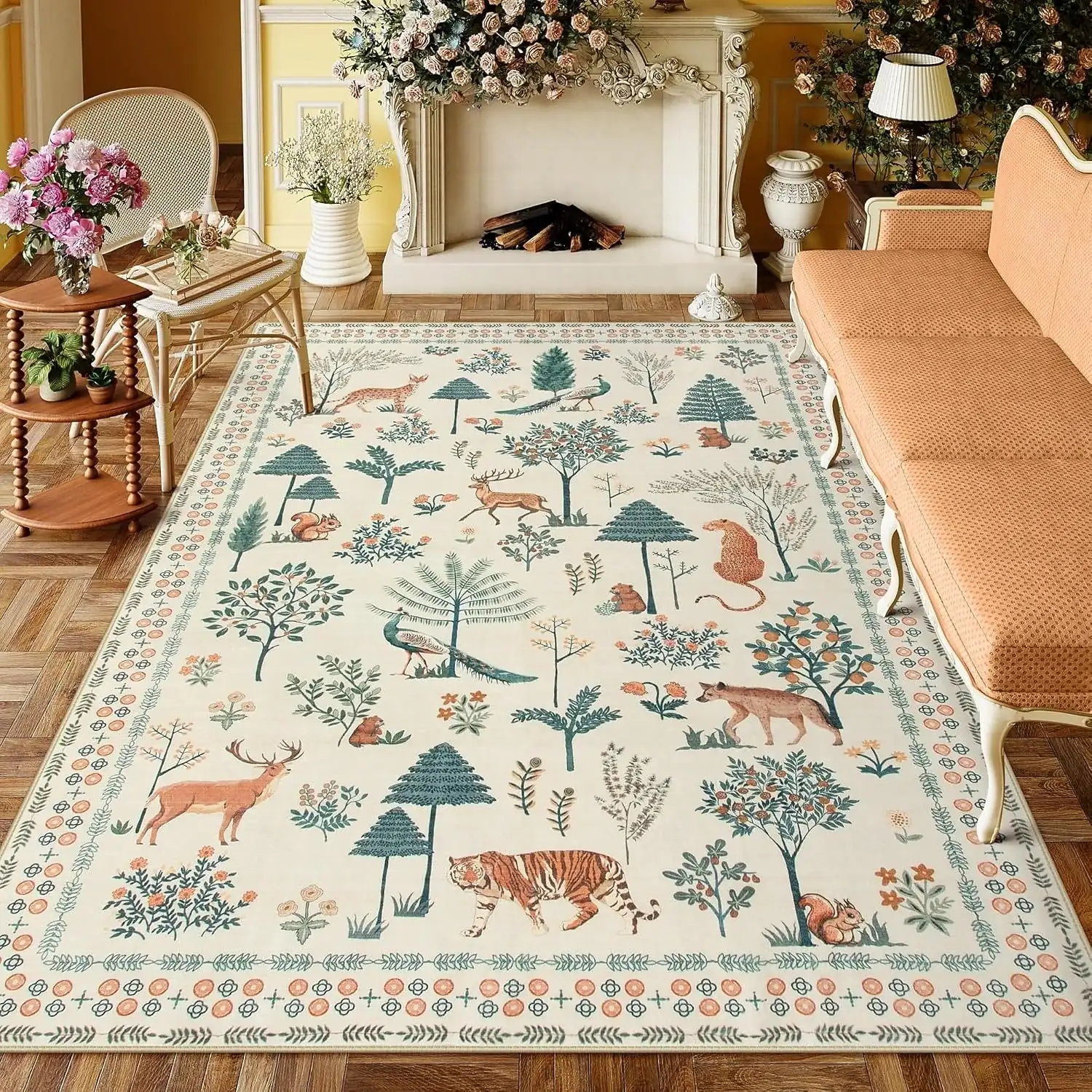 Boho Forest Area Rug for Living Room Persian-Style Luxury Carpet, Soft Bedroom Bedside Rug, Durable and Stain-Resistant Coffee Table Mat