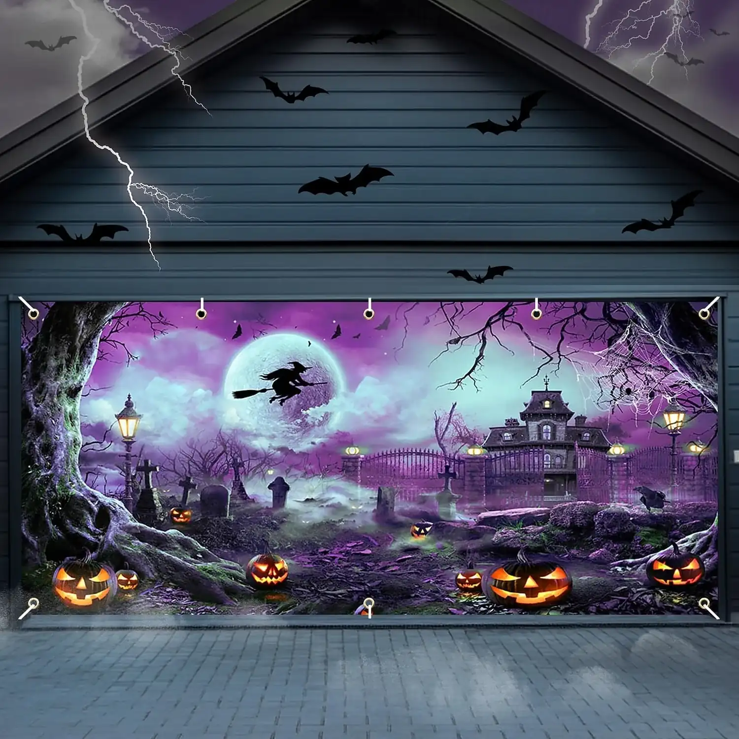 Halloween Witch & Haunted House Garage Door Banner, Scary Witch Waterproof Garage Door Cover, Outdoor Holiday Wall Mural Decoration For House & Party