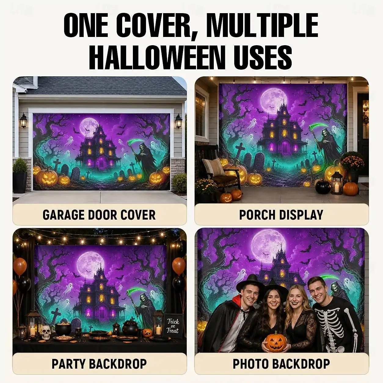Halloween Blacklight Garage Door Cover Neon Purple UV Haunted House Ghost Glow Spooky Horror Outdoor Decor Front Yard Porch Decoration Front Door Bann