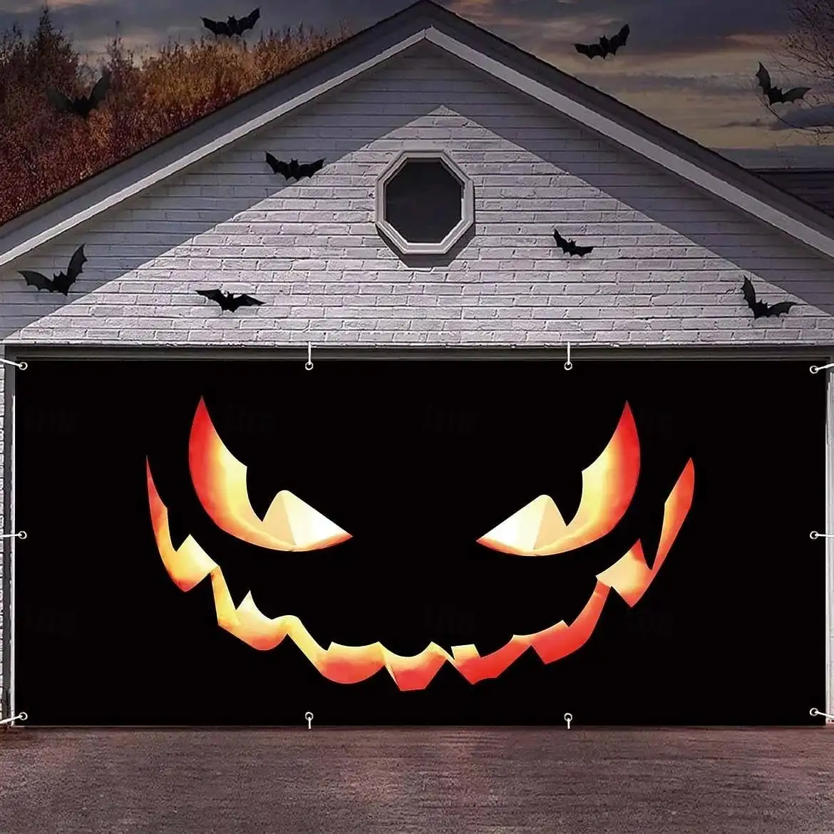 Halloween Scary Pumpkin Face Garage Door Banner, Spooky Jack-O'-Lantern Waterproof Garage Door Cover, Outdoor Holiday Wall Mural Decoration For House