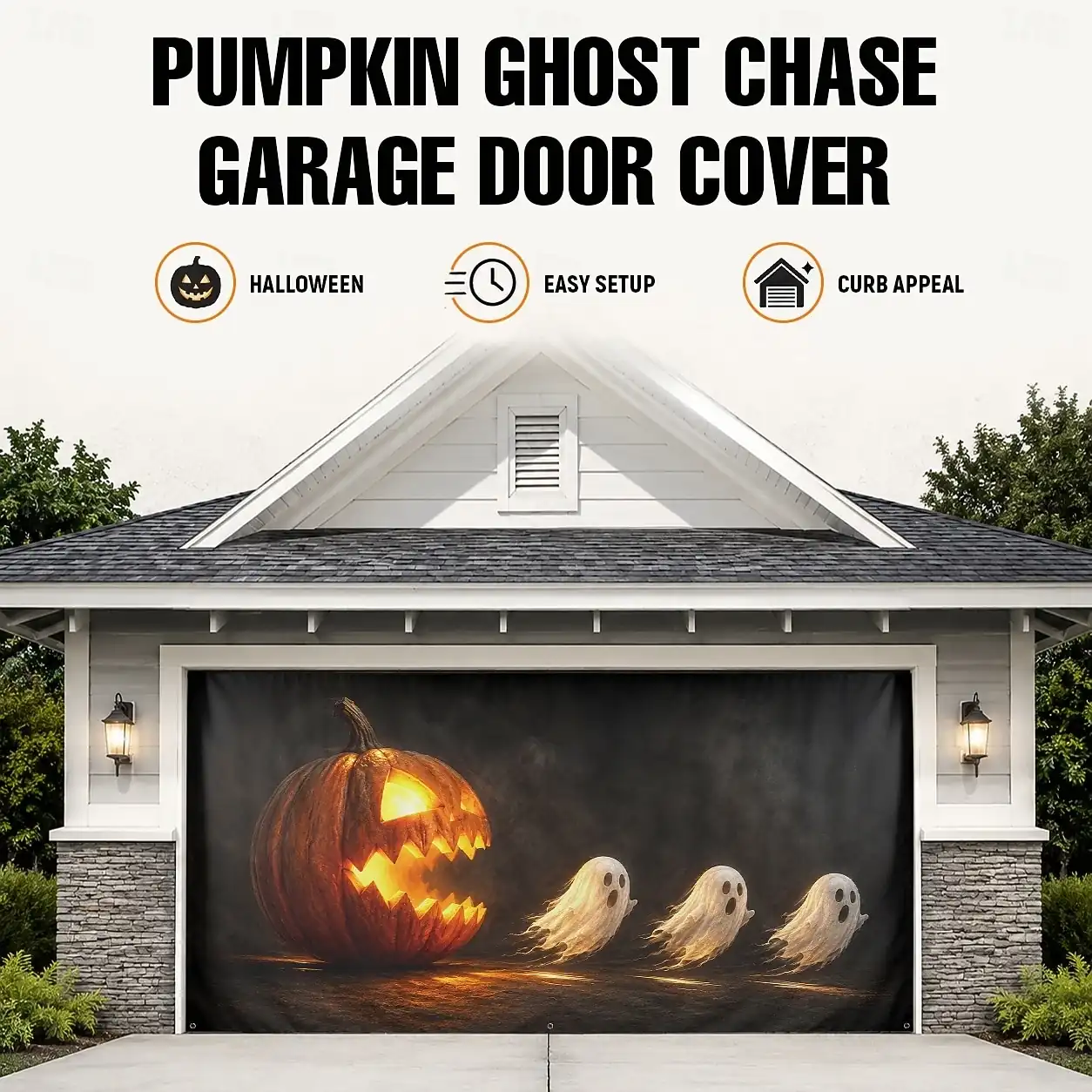 Halloween Garage Door Cover Large Outdoor Halloween Backdrop Decorations Jack O Lantern Pumpkin Chasing Ghosts Haunted House Banner Yard Porch Party D