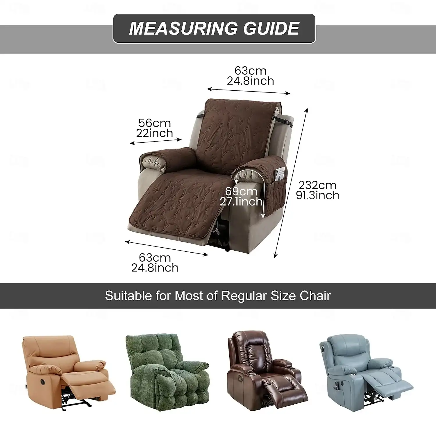 100% Waterproof Recliner Covers Non Slip Recliner Chair Cover with Pocket Quilted Furniture Protector Washable for Kids Pets Dogs Cats