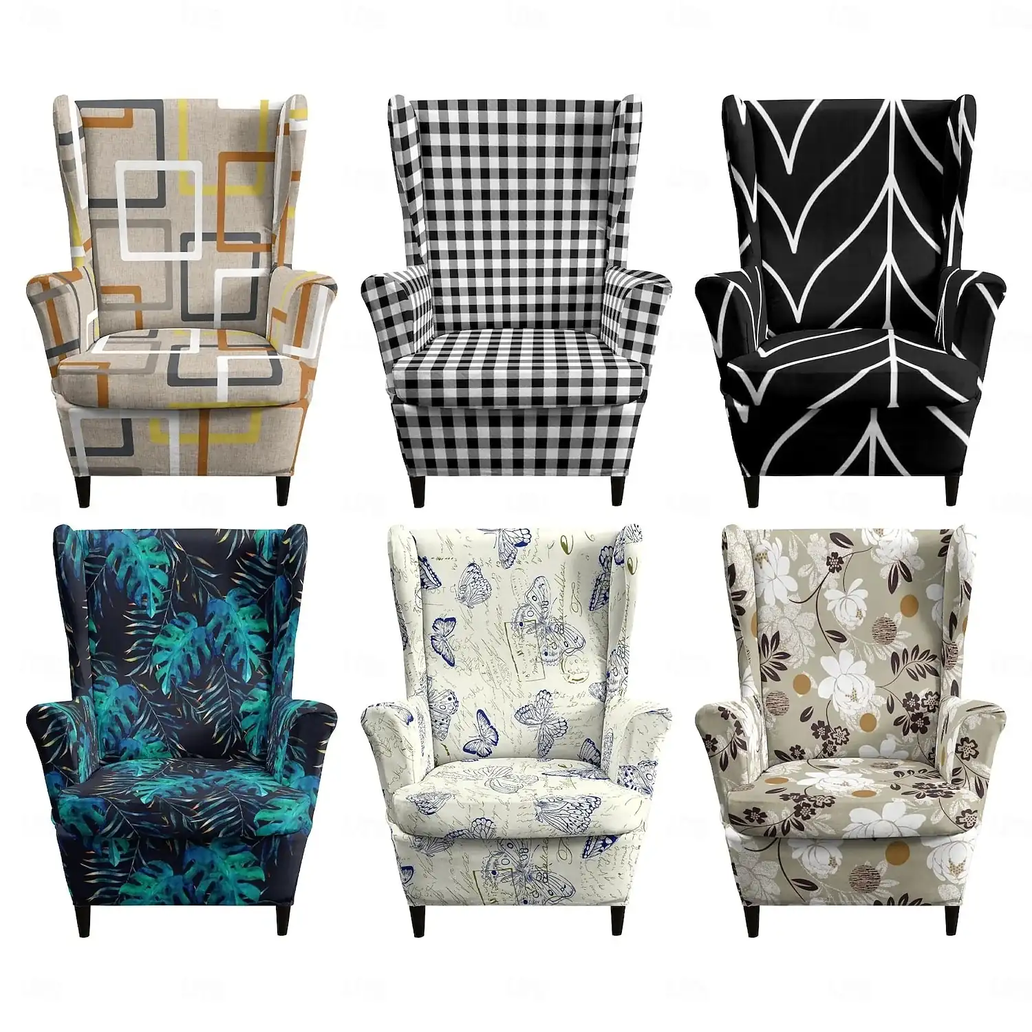 Floral, Striped & Geometric Printed Wingback Chair Covers, Stretch Polyester Slipcovers for Armchairs, Decorative Furniture Protectors