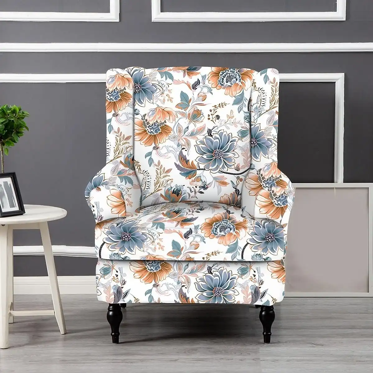 Wingback Chair Cover Floral Striped and Geometric Printed Polyester Slipcovers for Living Room Bedroom and Home Office