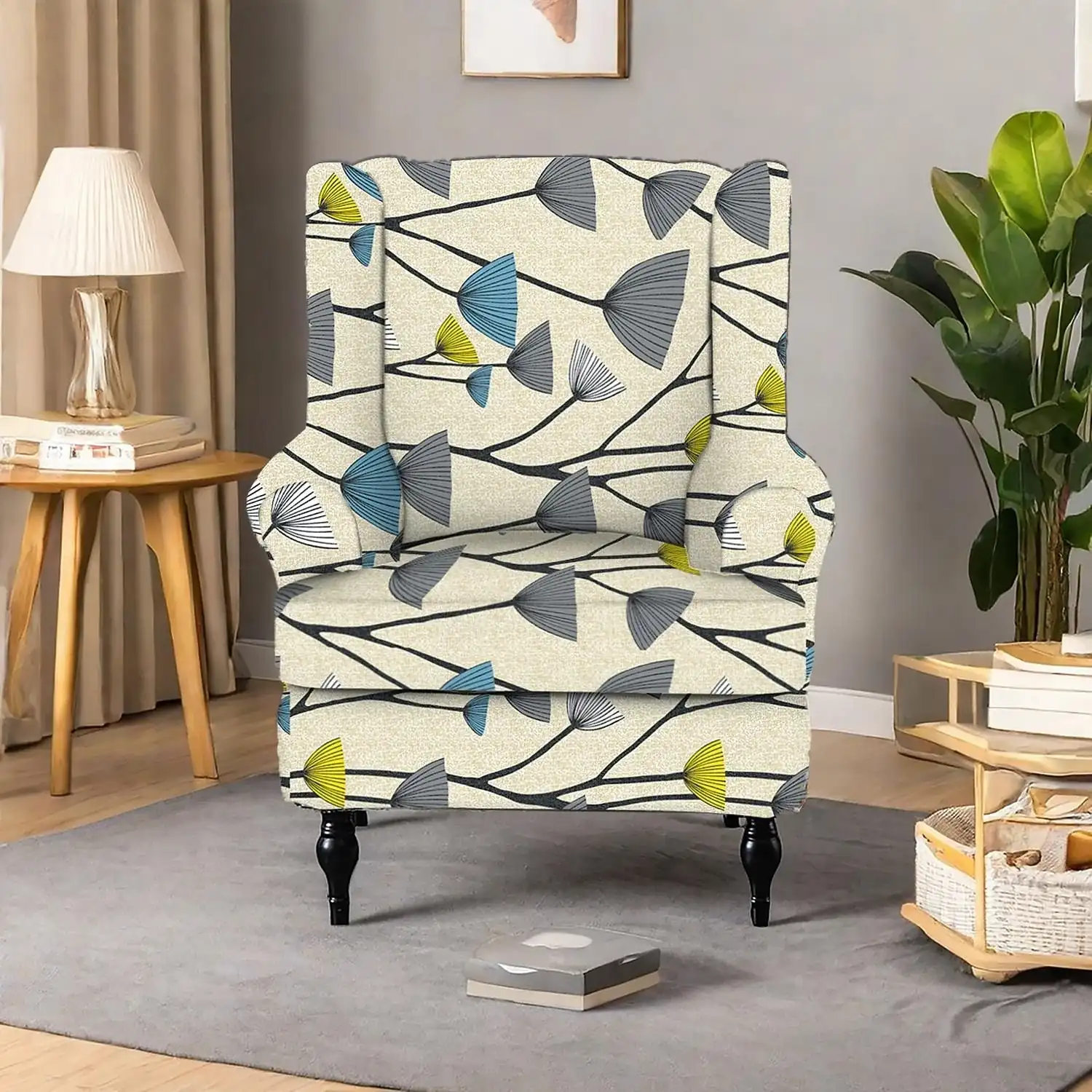 Wingback Chair Cover Floral Striped Geometric Printed Polyester Slipcover Full Cover Modern Foldable Korean Style Chair Protector Seat Cover Armchair