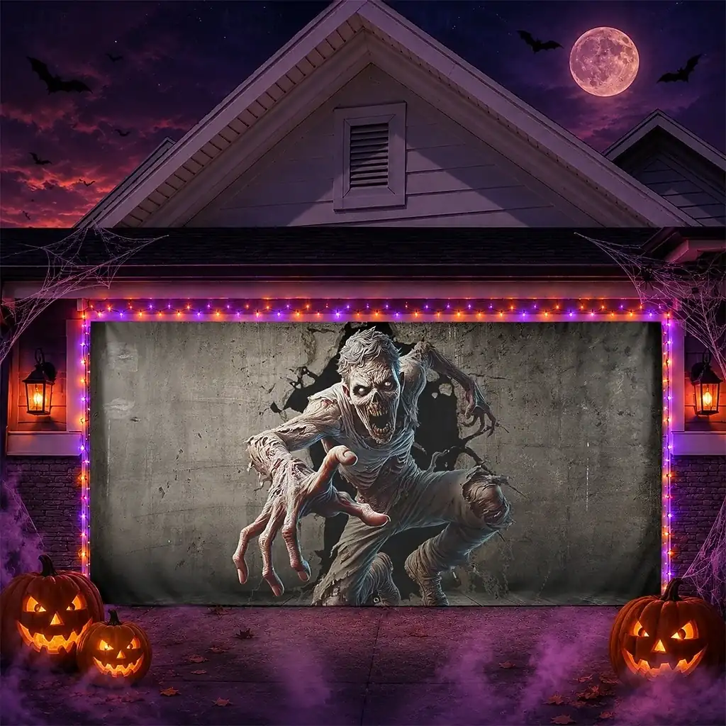 Halloween Garage Door Cover With String Lights Skull Breaking Through Door Banner Haunted House Horror Scene Spooky Backdrop Tapestry for Outdoor Wall