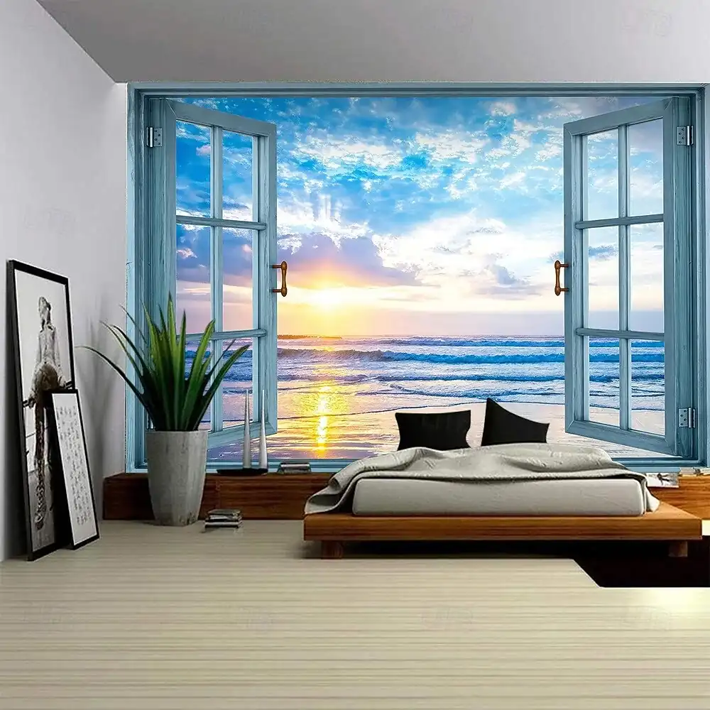 3D Tropical Beach Window View Wall Tapestry Ocean Paradise Palm Trees Sand Coast Wall Hanging Aesthetic Room Decor Bedroom Art Mural Backdrop 2026 – € 26979c56ea0a5dcdf60a2374610234ee