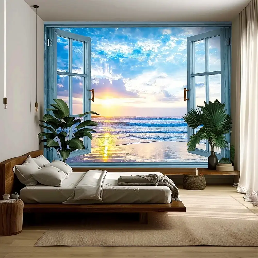 3D Tropical Beach Window View Wall Tapestry Ocean Paradise Palm Trees Sand Coast Wall Hanging Aesthetic Room Decor Bedroom Art Mural Backdrop 2026 – € dbc1eb9614df65daec826edd042e7ea4