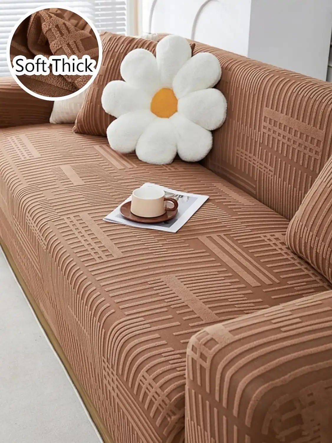 1 Piece Winter Warm Plush Solid Color Elastic Sofa Cover – Modern Minimalist Style Anti-Slip Universal Couch Protector, Suitable for L-Shaped Sofas an