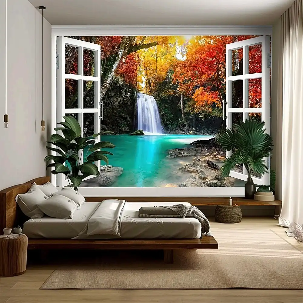 3D Nature Window View Wall Tapestry Cascading Waterfall Forest Landscape Wall Hanging Serene Jungle Art Aesthetic Living Room Bedroom Backdrop 2026 – 4d631df492b7a9a75ee8013ab16e114a