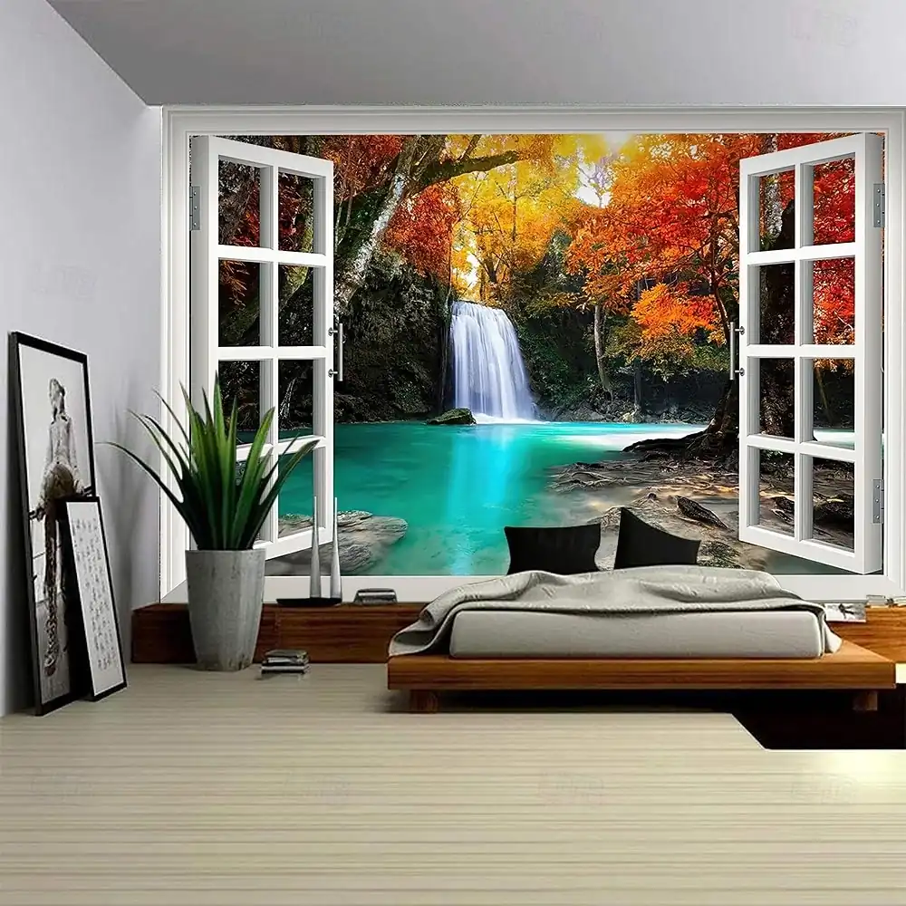 3D Nature Window View Wall Tapestry Cascading Waterfall Forest Landscape Wall Hanging Serene Jungle Art Aesthetic Living Room Bedroom Backdrop 2026 – 5c9dcf0669198f98d7df3f677a5ed9cb