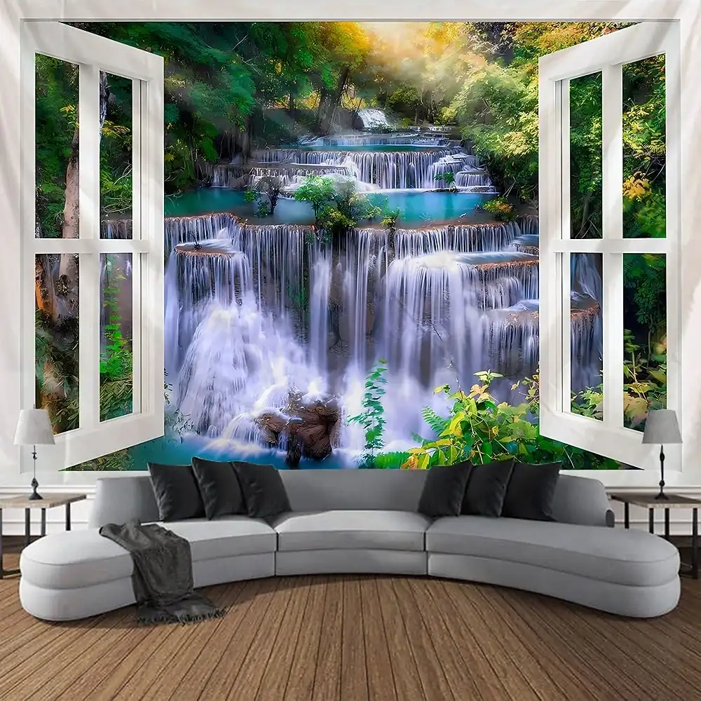 3D Nature Window View Wall Tapestry Cascading Waterfall Forest Landscape Wall Hanging Serene Jungle Art Aesthetic Living Room Bedroom Backdrop -