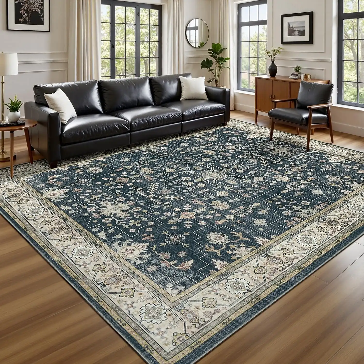 Area Rugs For Living Room And Bedroom Large Stain Resistant Washable Soft Non-Slip Vintage Floral Oushak Carpet Boho Moody Farmhouse Style Sofa Bedsid
