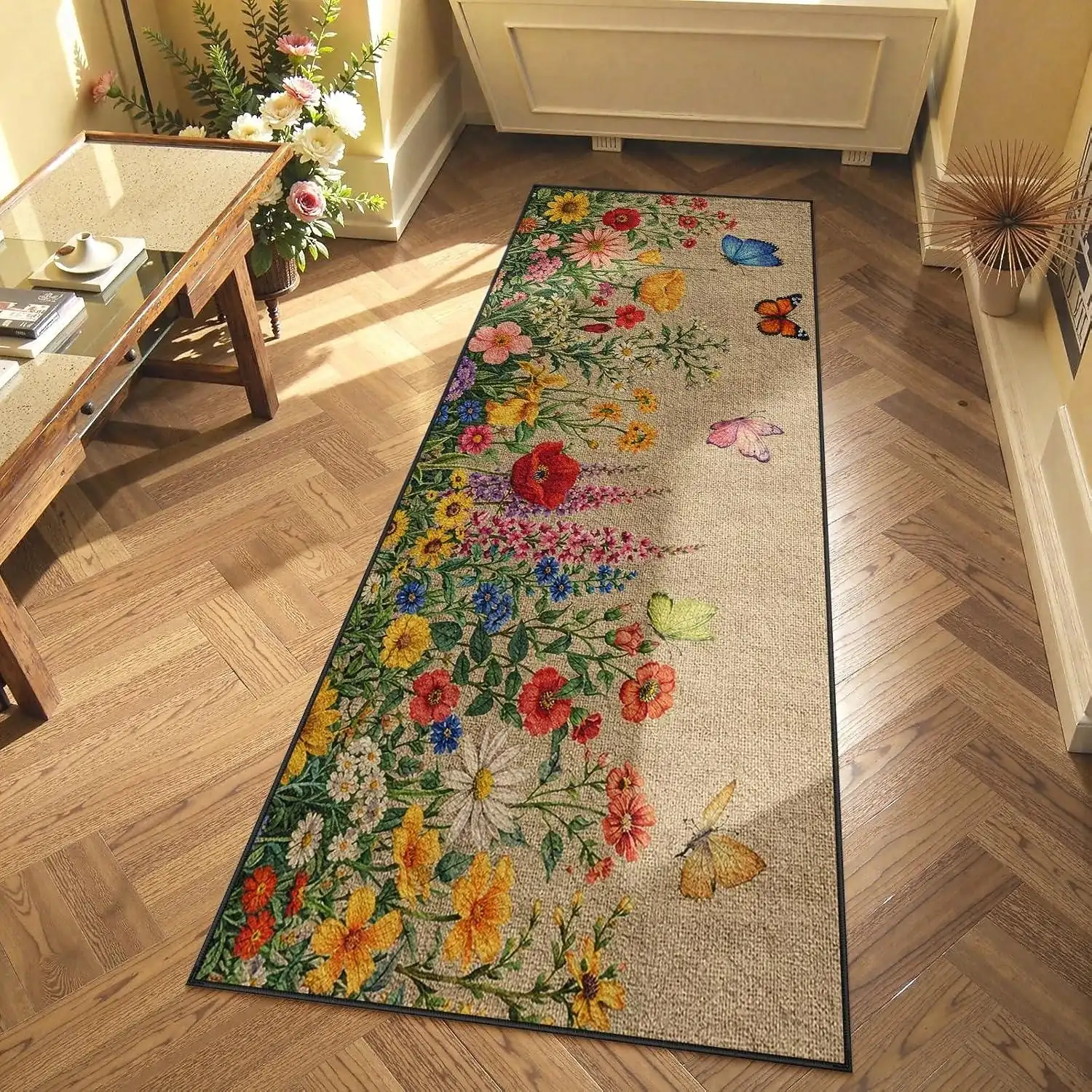 Floral Runner Rug Colorful Garden Bloom and Butterfly Design Long Decorative Hallway Mat for Home Entryway