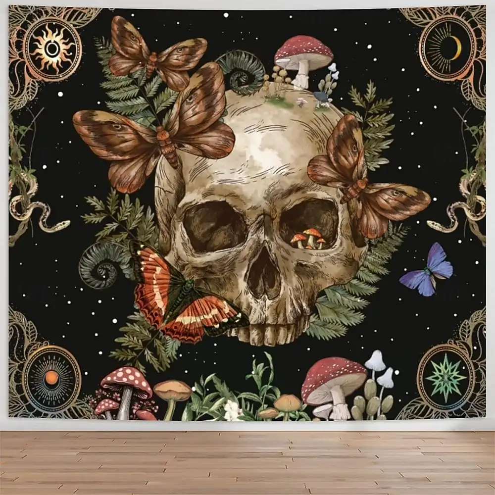 Vintage Gothic Skull Butterfly Moth Wall Tapestry Botanical Mushrooms Ferns Celestial Moon Sun Memento Mori Dark Academia Aesthetic Home Decor Bedroom