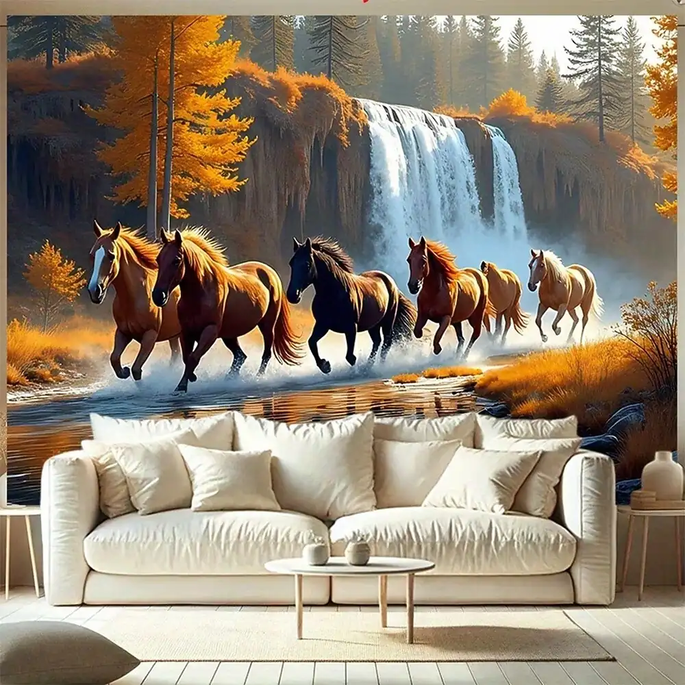 Running Wild Horses Waterfall Nature Landscape Autumn Forest Golden Trees River Wall Tapestry Wall Hanging Large Fabric Backdrop for Living Room Bedro
