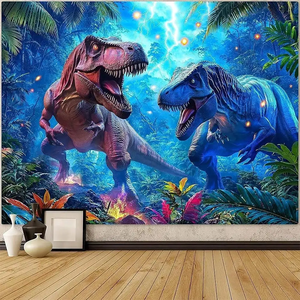 Fantasy Jungle Dinosaur T-Rex Wall Tapestry Blue and Red Tyrannosaurus Rex Lightning Sky Kids Bedroom Boys Playroom Decor Gaming Room Backdrop -