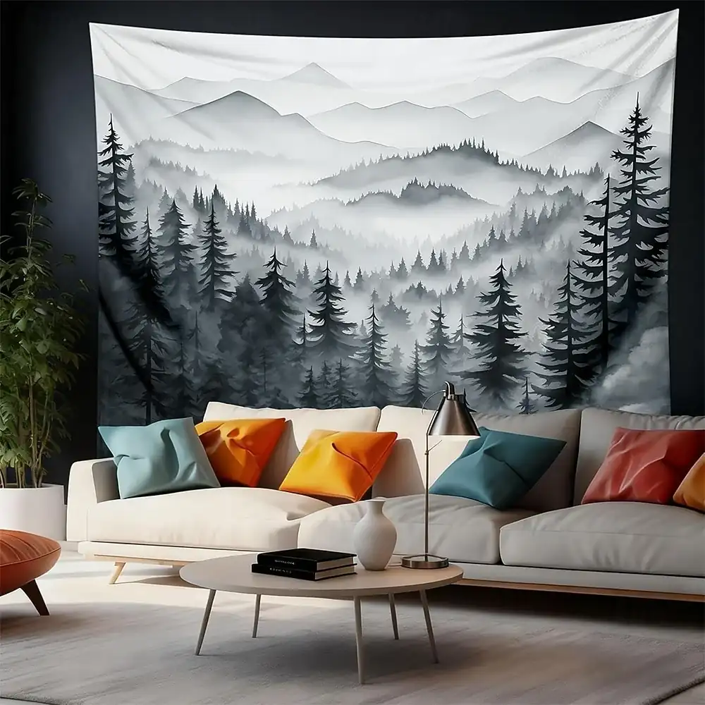 Mountain Forest Wall Tapestry Misty Pine Tree Ink Wash Landscape Wall Hanging Minimalist Grey Black and White Nature Art for Living Room Office Bedroo