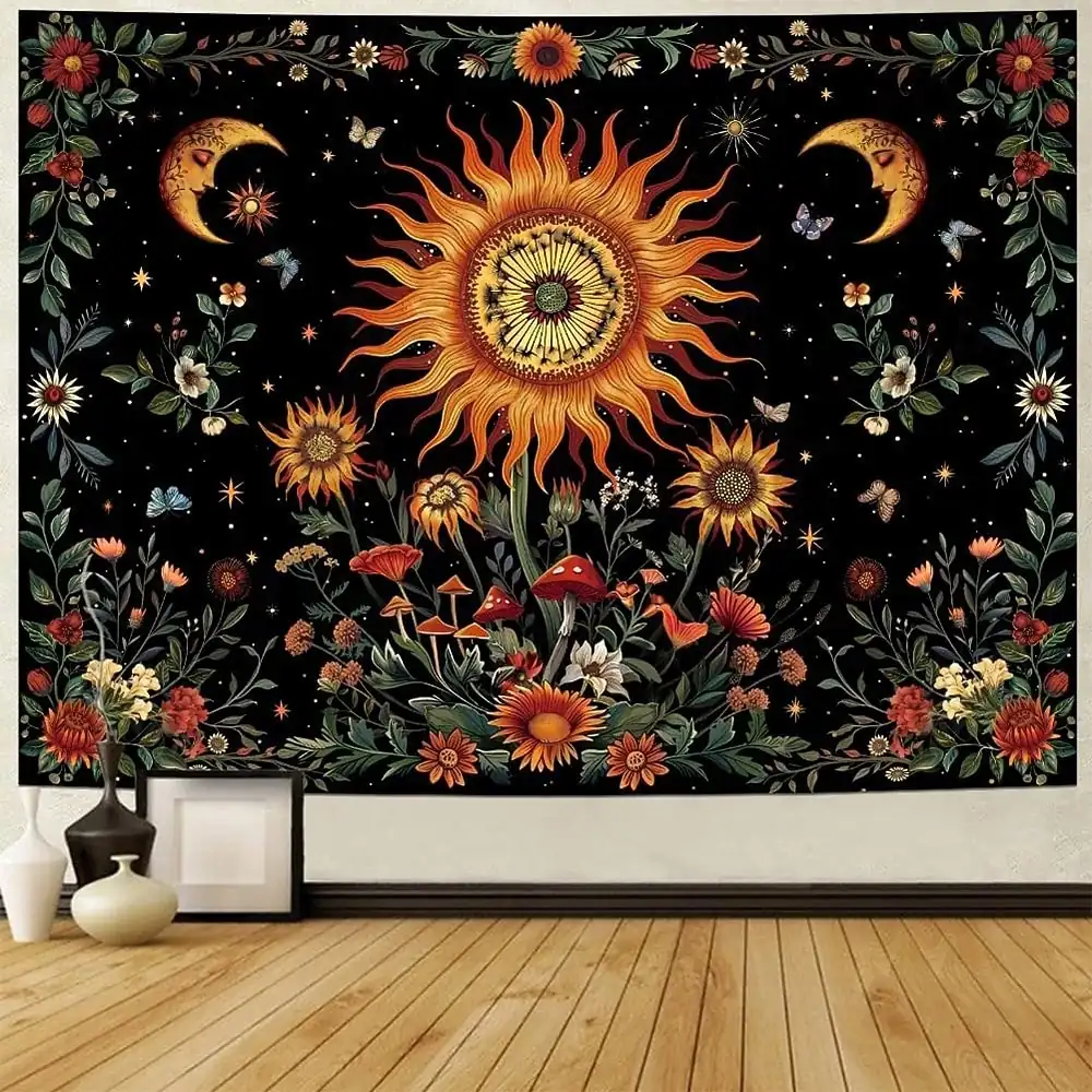 Sun and Moon Tapestry Wall Hanging Sunflower Mushroom Butterfly Celestial Boho Aesthetic Wall Art for Yoga Room Meditation Space Bedroom