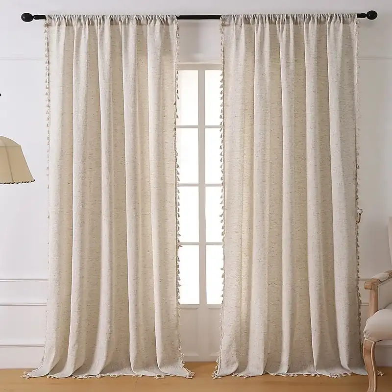 Beige Linen Curtains Semi-Transparent All-Season Decorative Drapes for Bedroom & Living Room, Machine Washable Polyester, Rod Pocket Style, Traditiona