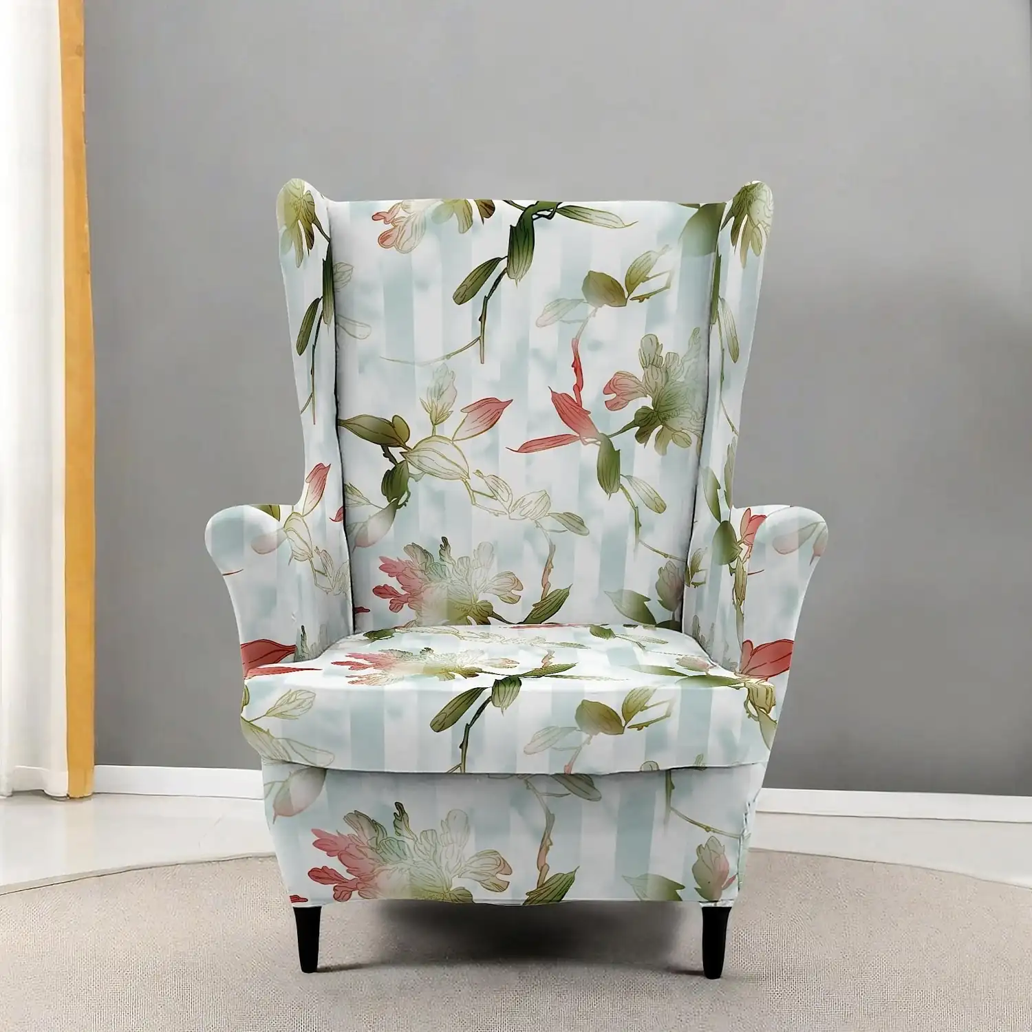 Wingback Chair Cover Floral Striped and Geometric Printed Polyester Slipcovers for Living Room Bedroom and Home Office