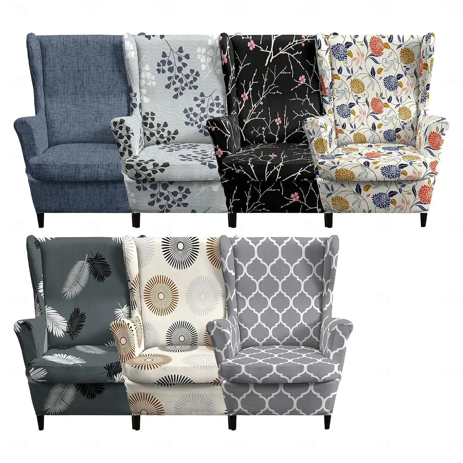 Stretch Wingback Chair Cover, Floral / Striped / Geometric Printed Polyester Slipcover for Armchair, Removable Decorative Furniture Protector - €
