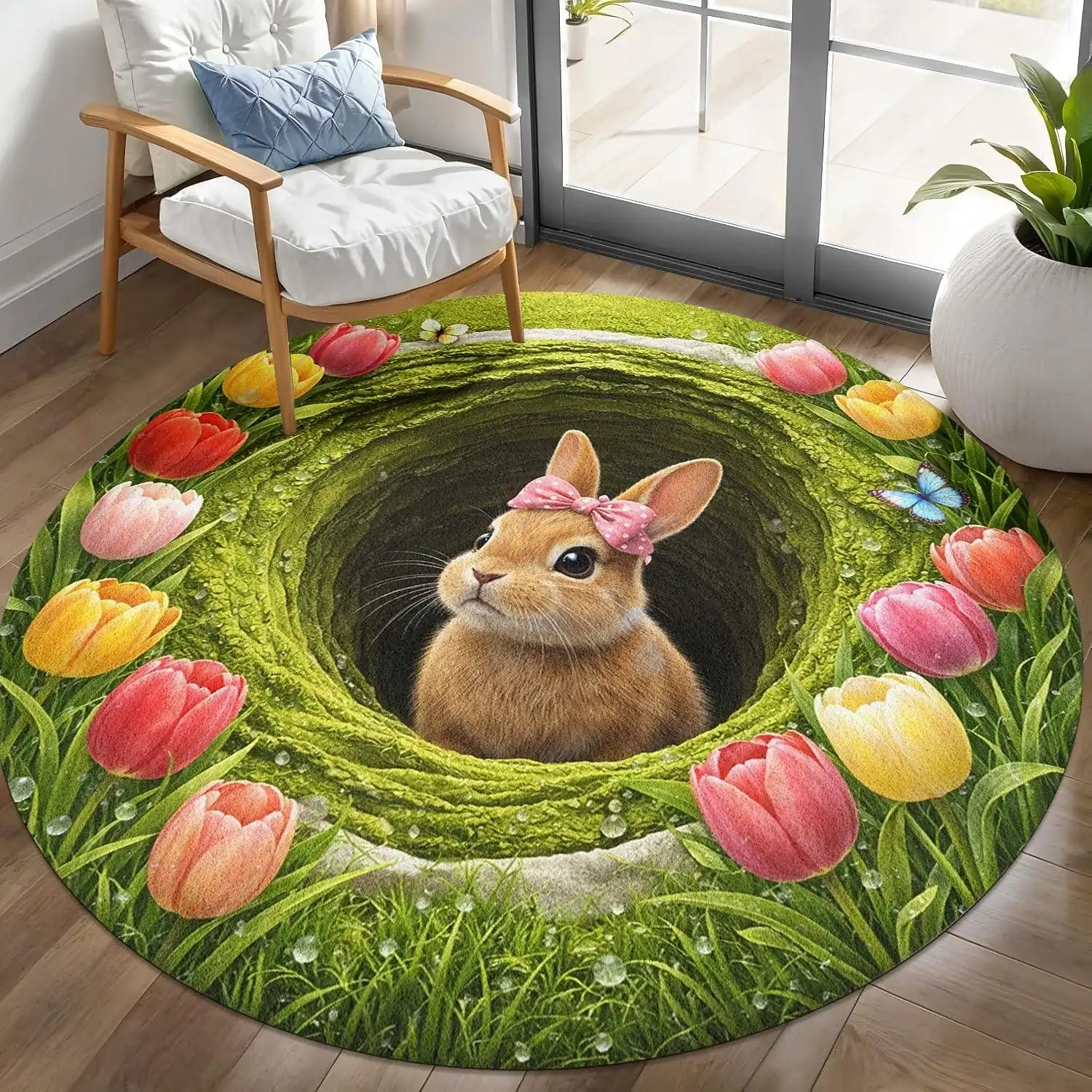 Round Area Rug 3D Optical Illusion 2D Flat Print Cute Bunny in Hole Surrounded by Tulips Spring Garden Perspective Mat